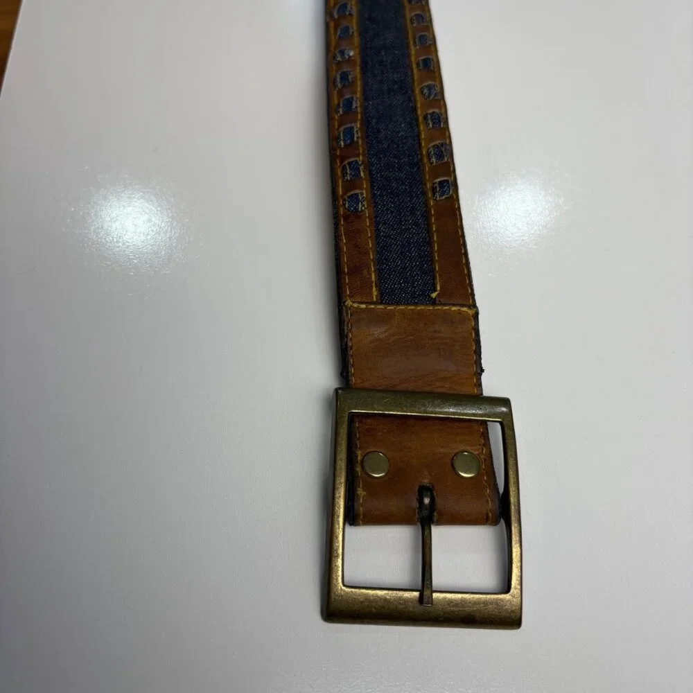 VTG Bechelli‎ Mens Hand-Laced Steerhide Leather Denim Belt Brass Buckle- Size 36